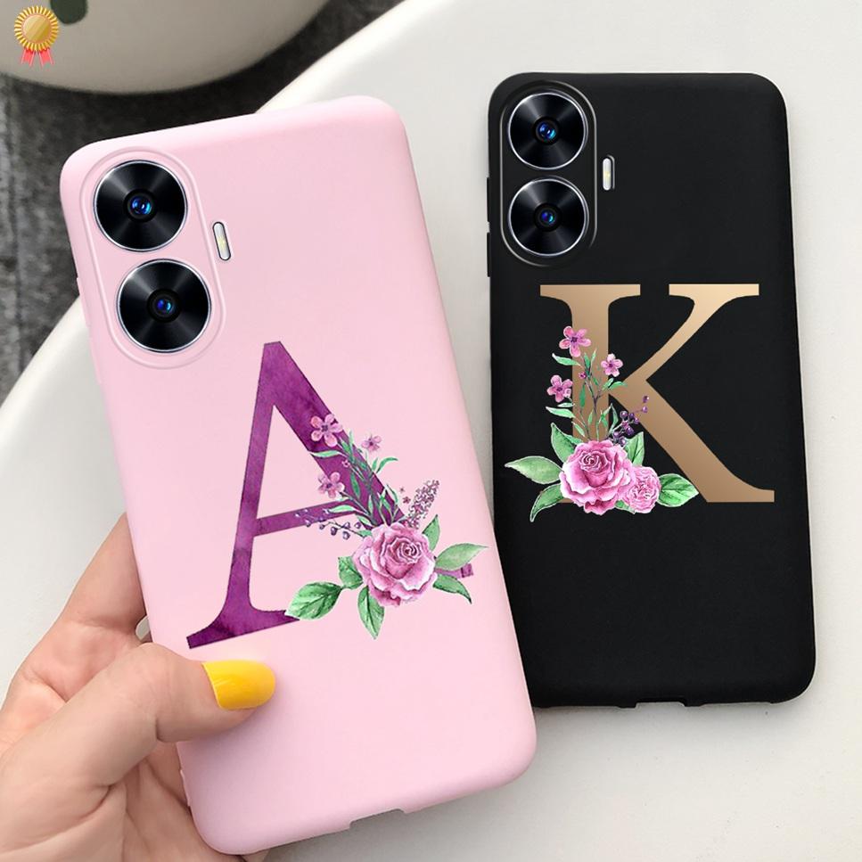 For Realme C55 C 55 6.72'' Case Delicate Cute Letters 3D Crown Flowers Matte Shockproof Soft TPU Silicone Phone Case Back Cover