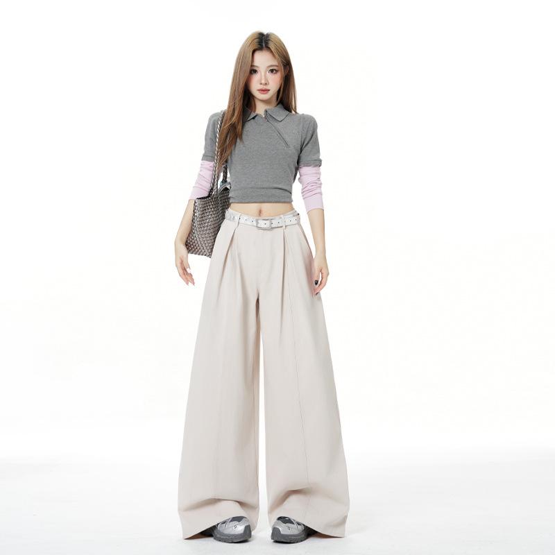 Women s Light Gray 3D Pleated Wide-Leg Jeans – American Style, Slimming & Casual for Spring XS