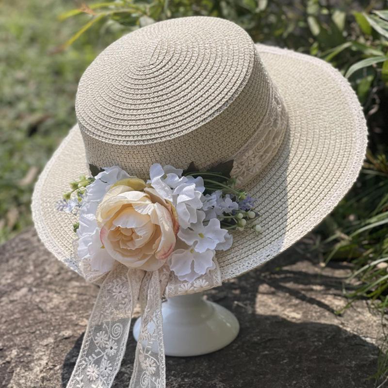 Lace flower flat top straw hat women's new summer outdoor travel sun protection sun hat seaside vacation beach hat