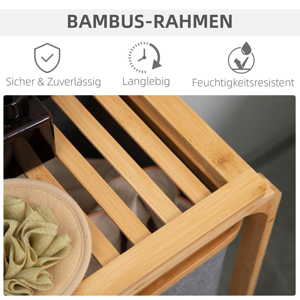 Laundry Basket Made of Bamboo, 3 Removable Baskets 50 cm x 32 cm x 69.7 cm Natural Gray