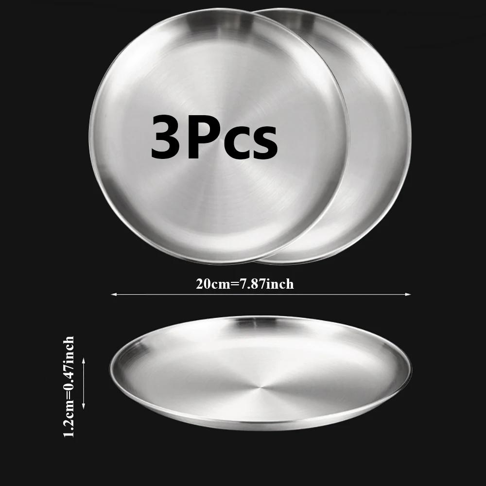 3Pcs Stainless Steels Round Silver Shallow Tray Plate Rust-Proof 14/17/20/23/26/30cm Camping Plate BBQ Picnic Dishes Cookware
