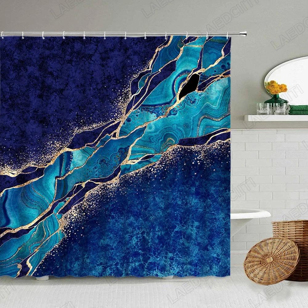 Abstract Marble Shower Curtain, White Gray Black Gold Blue Green Textured Stripe Simple Modern Ink Art, Bathroom Decorative