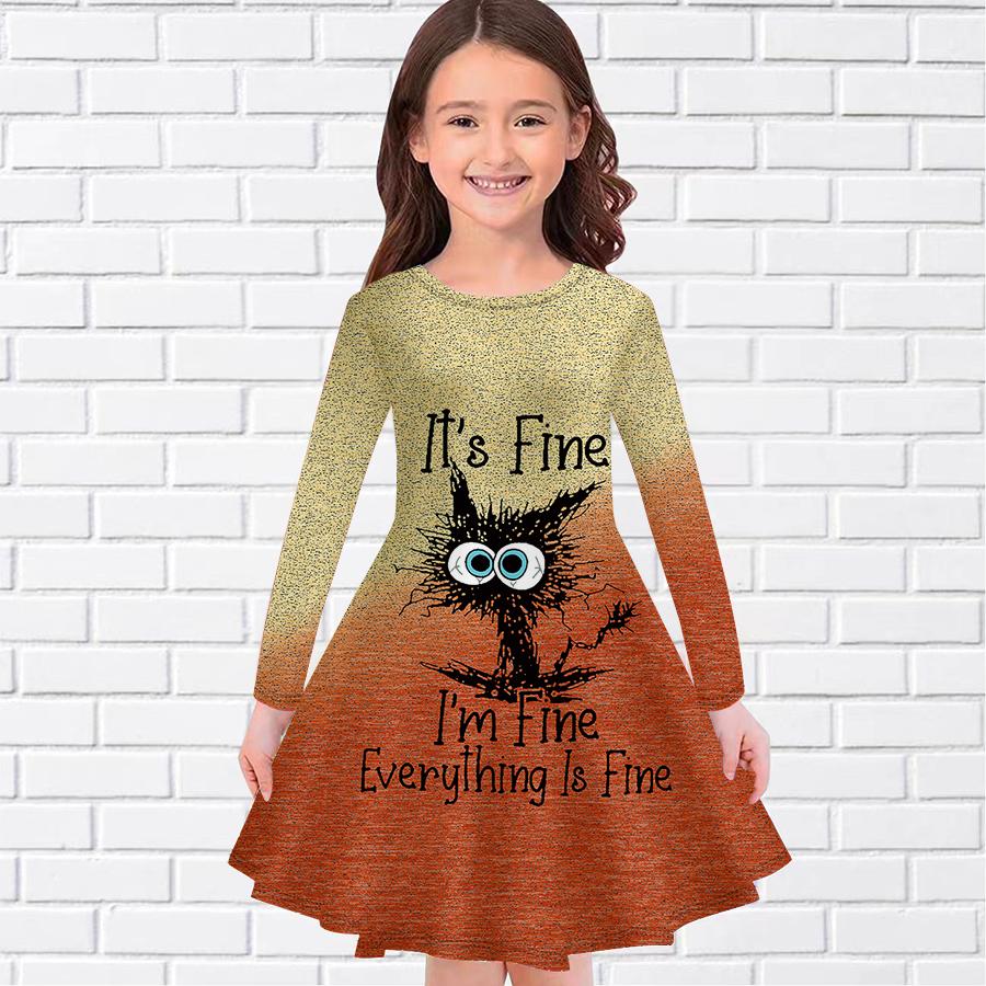Girl Casual Gradient English Cat Print Round Neck Long Sleeve Dress Kid Princess Dress