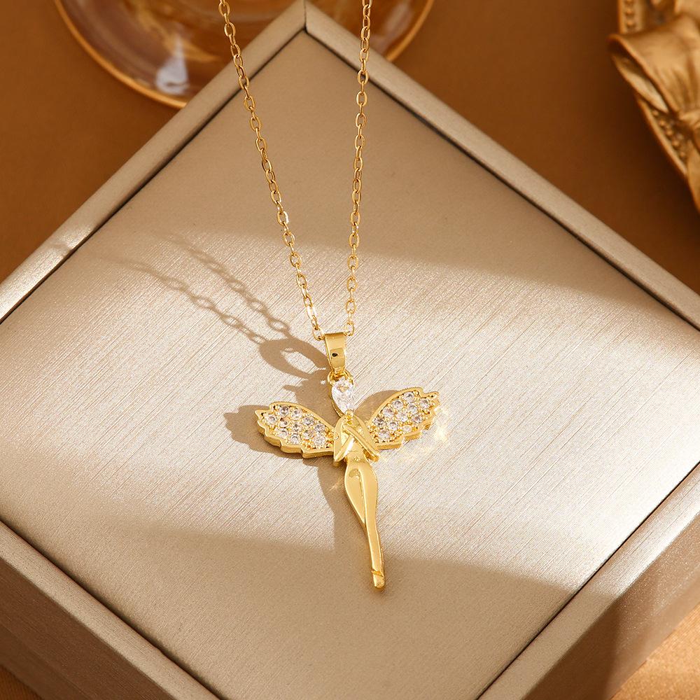 Trendy Gold Color Dragonfly Wings Necklaces For Women Stainless Steel Crystal Necklace Everyday Jewelry Gifts