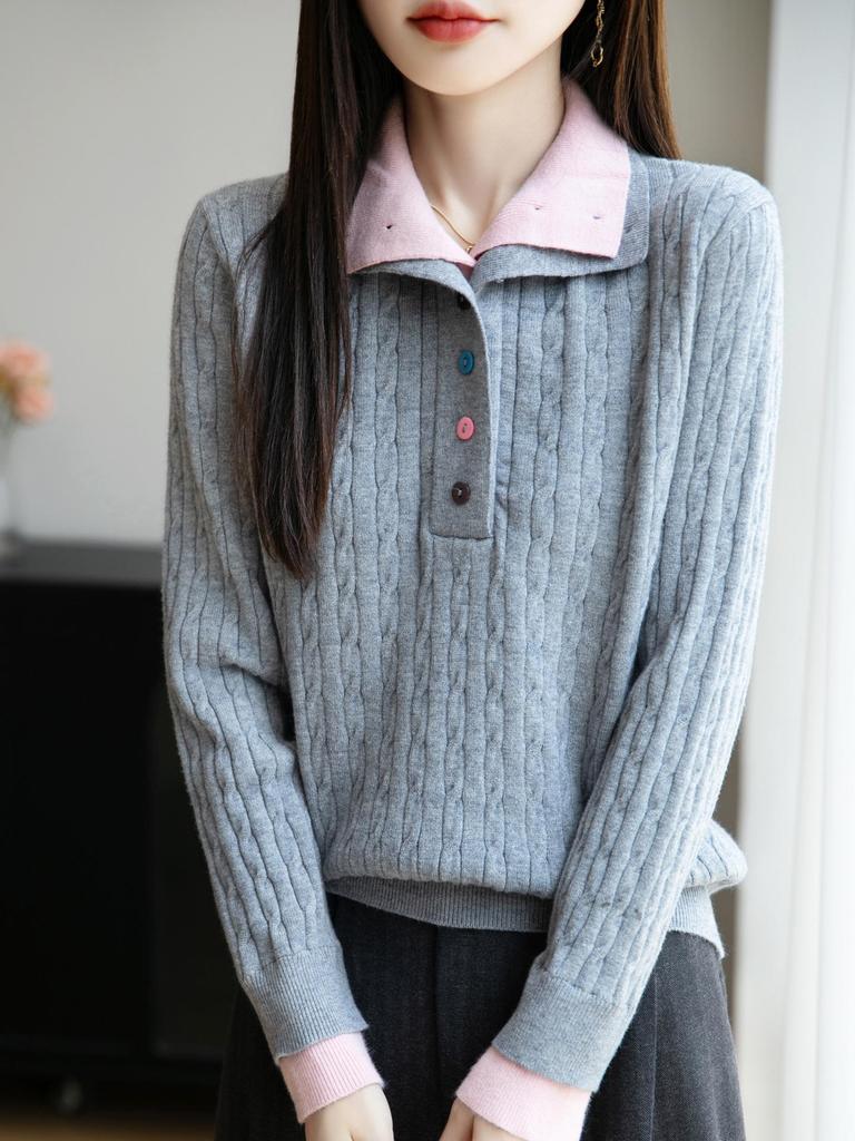 High-End Women's Retro Cable Knit Sweater: Two-Piece, Half-Open Collar, Korean Style, Autumn/Winter Slimming Knitwear