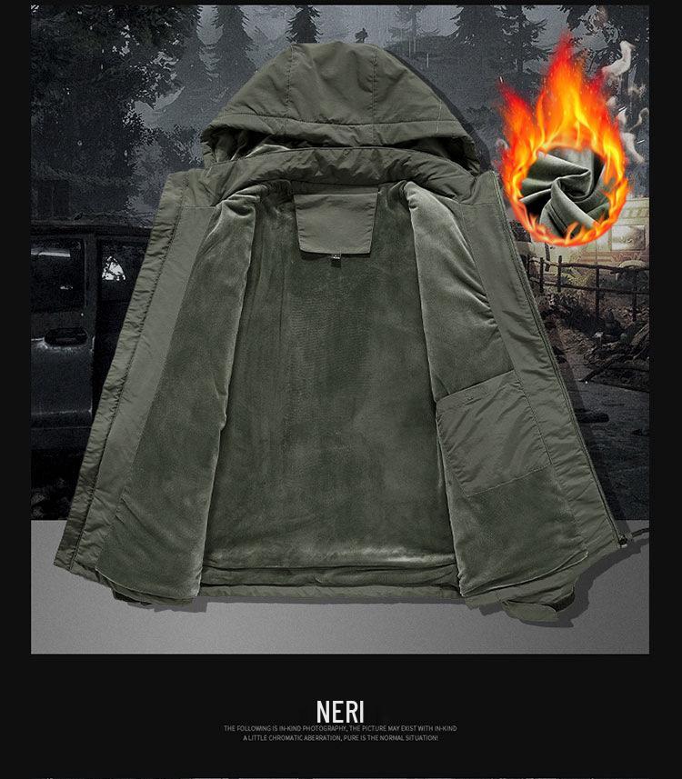 Men's Thin Plus Fleece Jacket, Waterproof Windproof Mountain-Style Outerwear with Detachable Hood for Spring & Autumn
