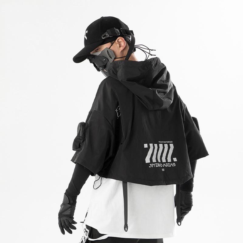 Techwear Stil Hip Hop Cropped Jacke Pullover Herren Punk Motorrad Kapuzenmantel Mehrere Taschen Jaqueta