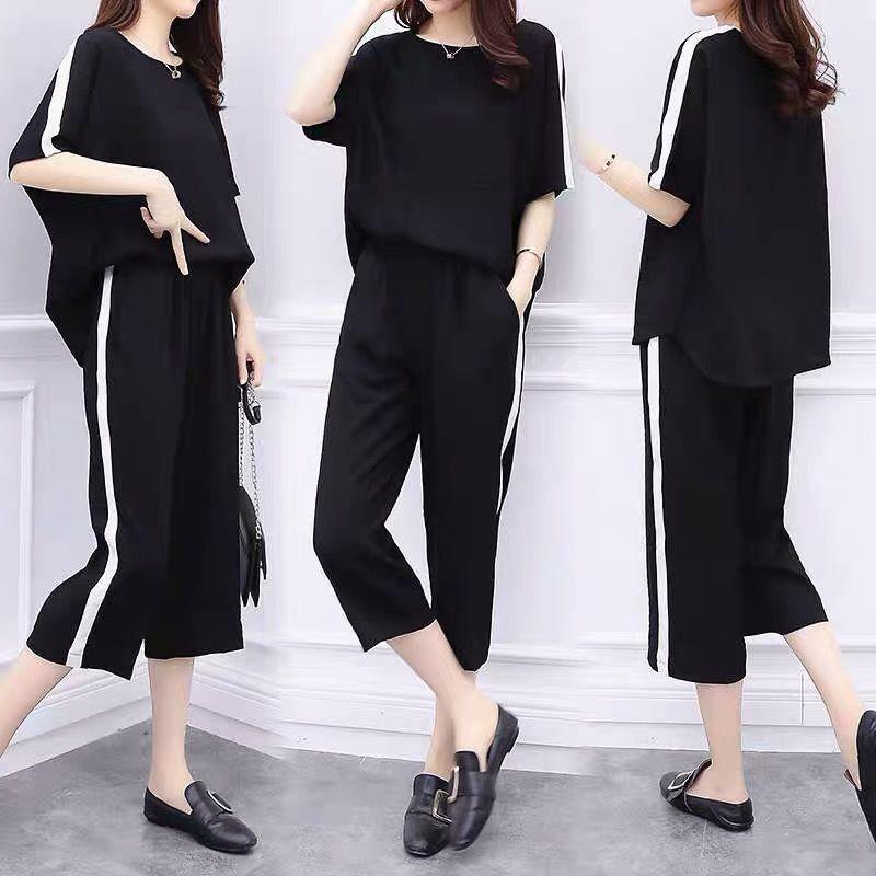 Women's Summer Korean Style Two Piece Fat Loose Casual Wide Leg Pants Suit for Women