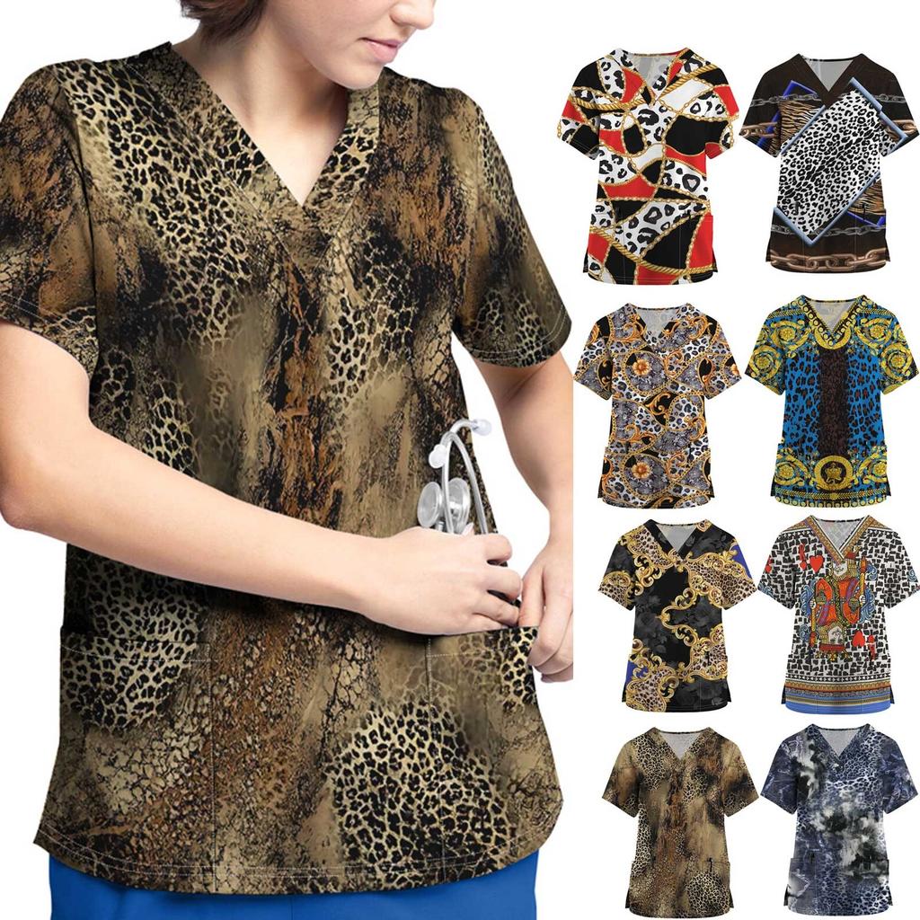 Women Short Sleeve V Neck Cartoon Pattern Tops Working Uniform T-shirts