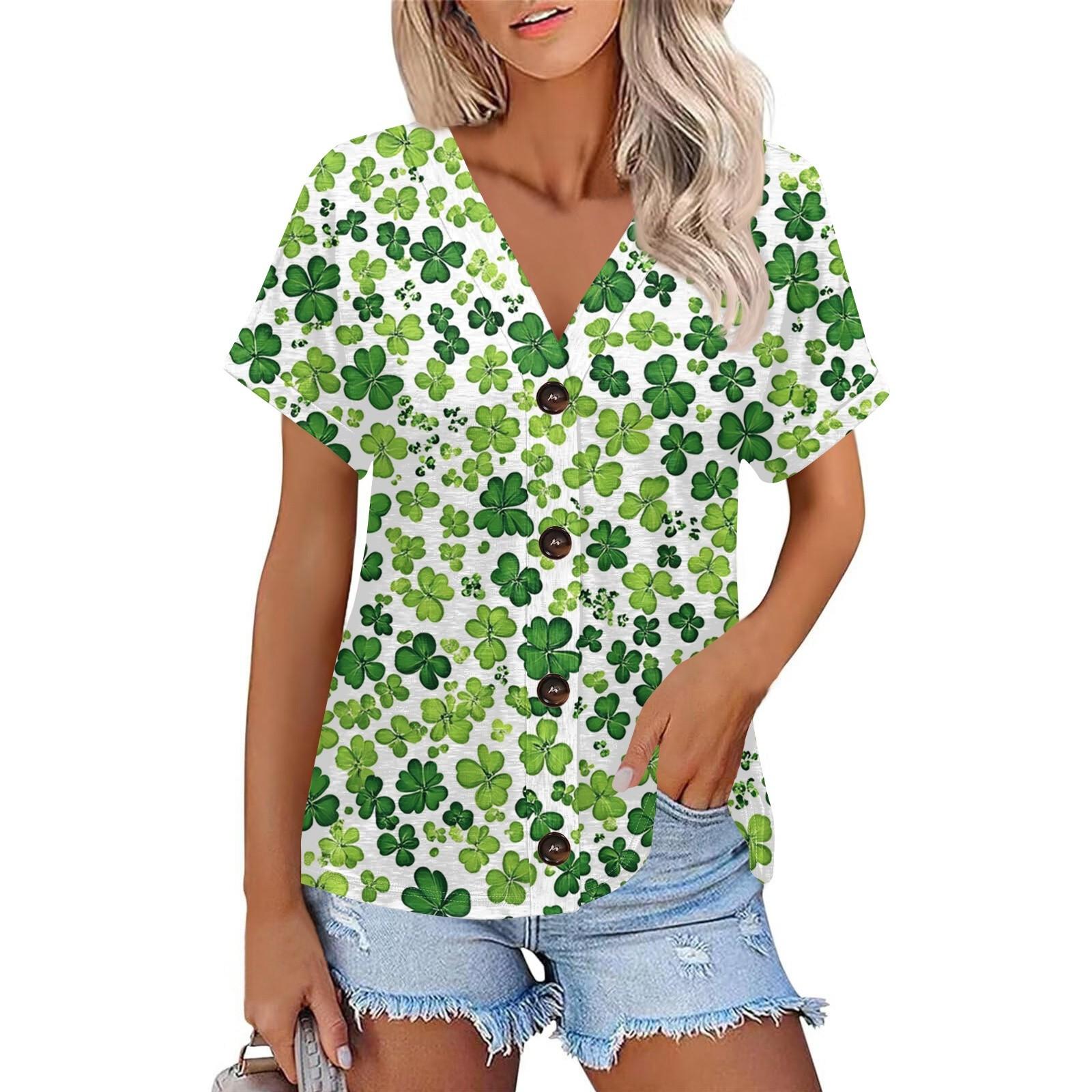 

Женская мода с коротким рукавом и V-образным вырезом St. Футболка с принтом Patrick Top Casual на пуговицах M