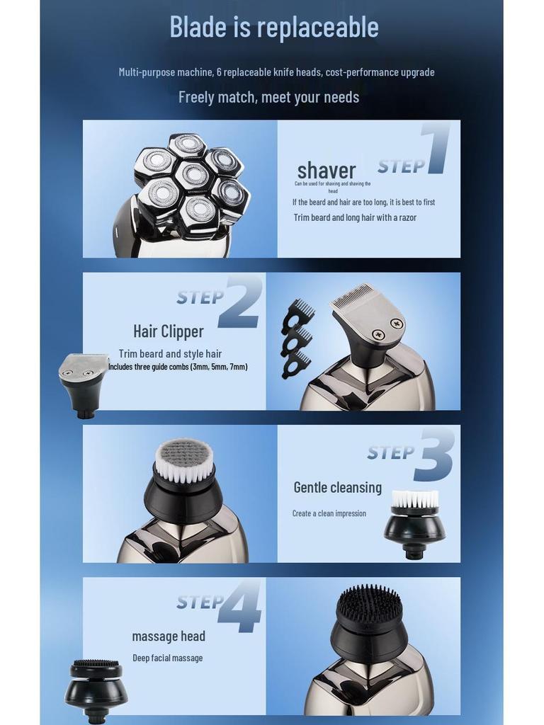 7D Floating Electric Shaver – Multifunctional, Water-Washable Razor for Bald Heads