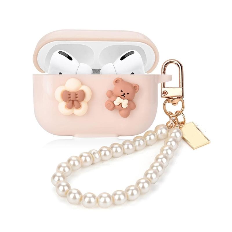 Shockproof Silicone Case With Detachable Pearls Chain for 3 Wireless Earbuds Cute 3D Bears Design