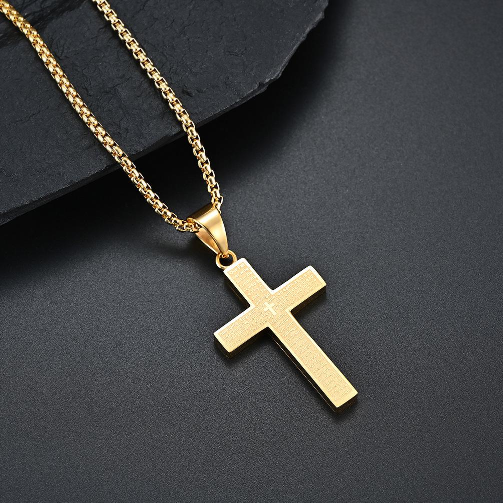 High Polished Stainless Steel Men's Cross Necklace Plated with 18K Gold Retro Faith Bible Scripture Cross Pendant Necklace