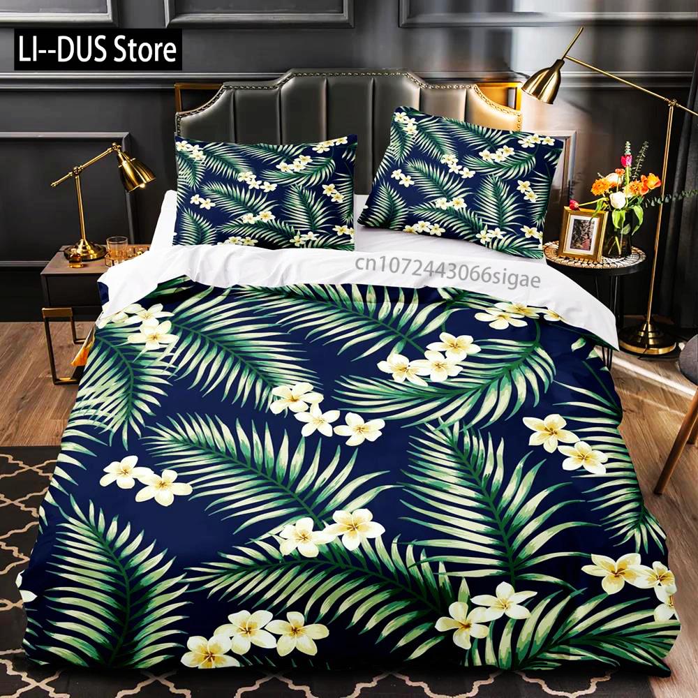 Tropische Pflanzen Floral King Queen Bettbezug Grün Palmblätter Bettwäscheset Cremefarbene Blumen 2/3-teilig Polyester Steppdecke