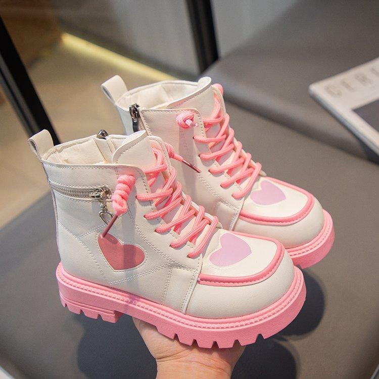 Girls Fashion Boots Kids Rubber Boots Cool Autumn and Winter Cotton Soft Sole Pink with Love Side Zip Children Princess Boots PU