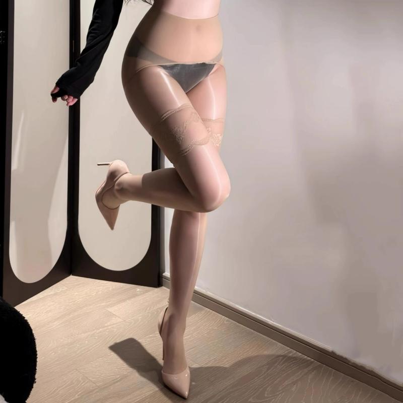 

Aurora Seires Oil Shiny Seamless Crotch High Waist Pantyhose Simulation Lace Patchwork Thigh High Stockings Women Sexy Underwear Closed Crotch