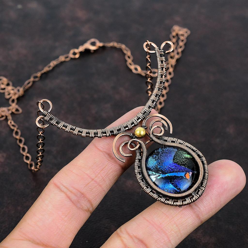 American Dichroic Glass Necklace Copper Wire Wrapped Gemstone Jewelry Adjustable Necklace Handmade Ethnic Jewelry Copper Wire Wrap Necklace