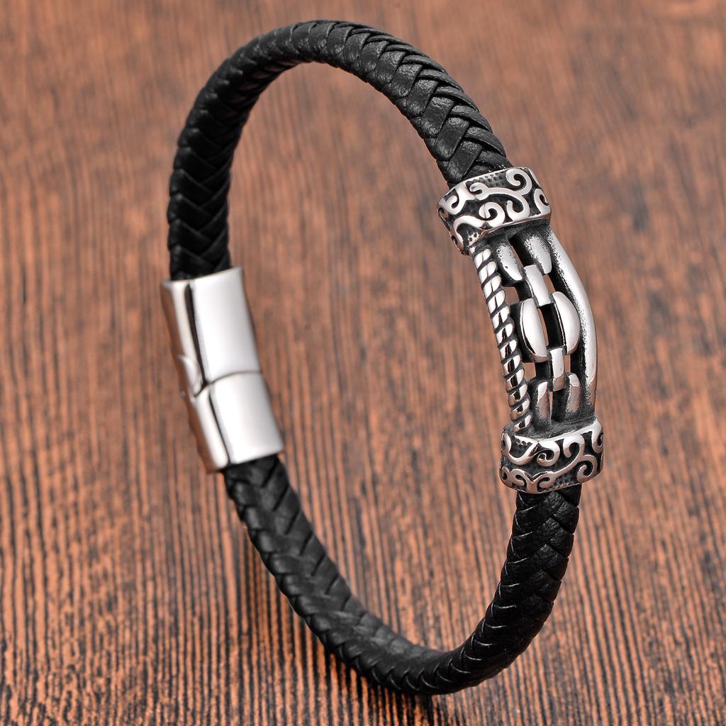 Black Leather Rope Cowhide Men's Double-layer Genuine Leather Woven Bracelet Handmade Multi-layer Leather Bracelet