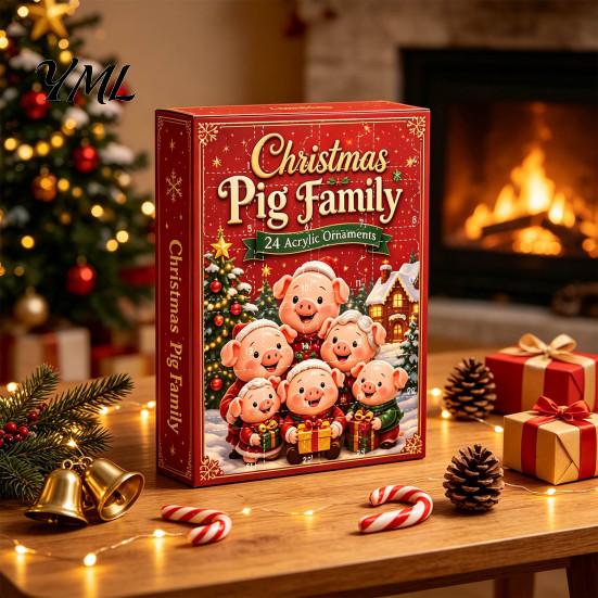Family Christmas Tree Decor Piggy Advent Calendar, 2D Flat Acrylic 24 Days Hanging Blind Box Ornaments, Decorative Countdown Gift for Holiday
