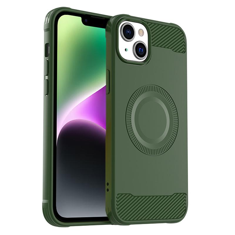 

For iPhone 14 Plus Case Carbon Fiber Texture TPU Phone Cover Compatible with MagSafe Green