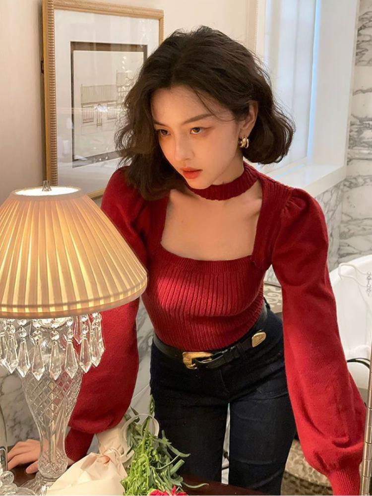 Sweaters Autumn and Winter The New Niche Bubble Sleeves Square Neck Bottoming Shirt and Long-sleeved Knitted Tops.