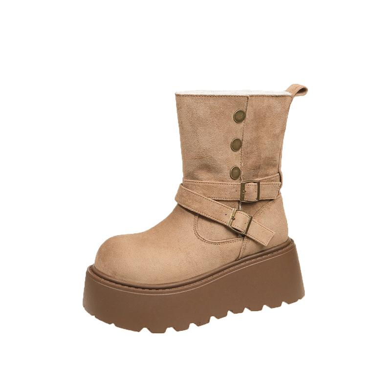 Winter Buckle Ankle Flat with Snow Boots Zip Mid Heel Shoes Female 2025 Fashion Ladies Shoes Round Toe Concise Women's Boots