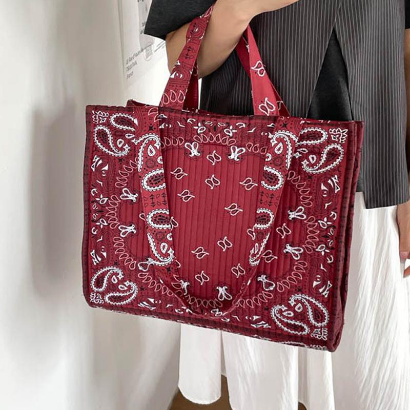 Elegant Vintage Pattern Tote Bag Zipper Closure Square Shoulder Bag Women Large Capacity School Travel Commute Handbag