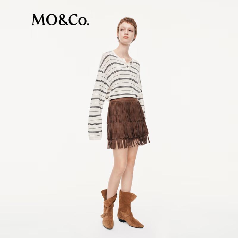 MO&Co. Women's Striped Wool Round Neck Sweater