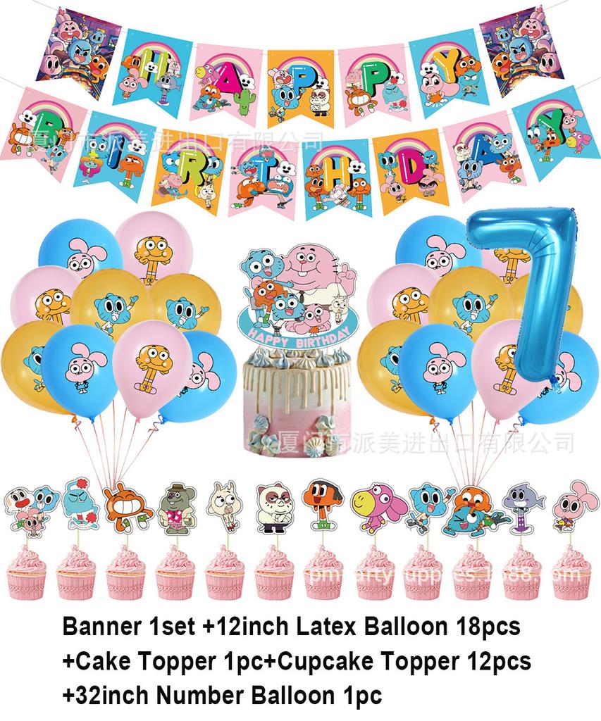 Cartoon Amazing World Birthday Party Decorations Gum&balles Balloon Banner Cake Topper Rabbit Cat Anime Backdrop Kid Favor Gift