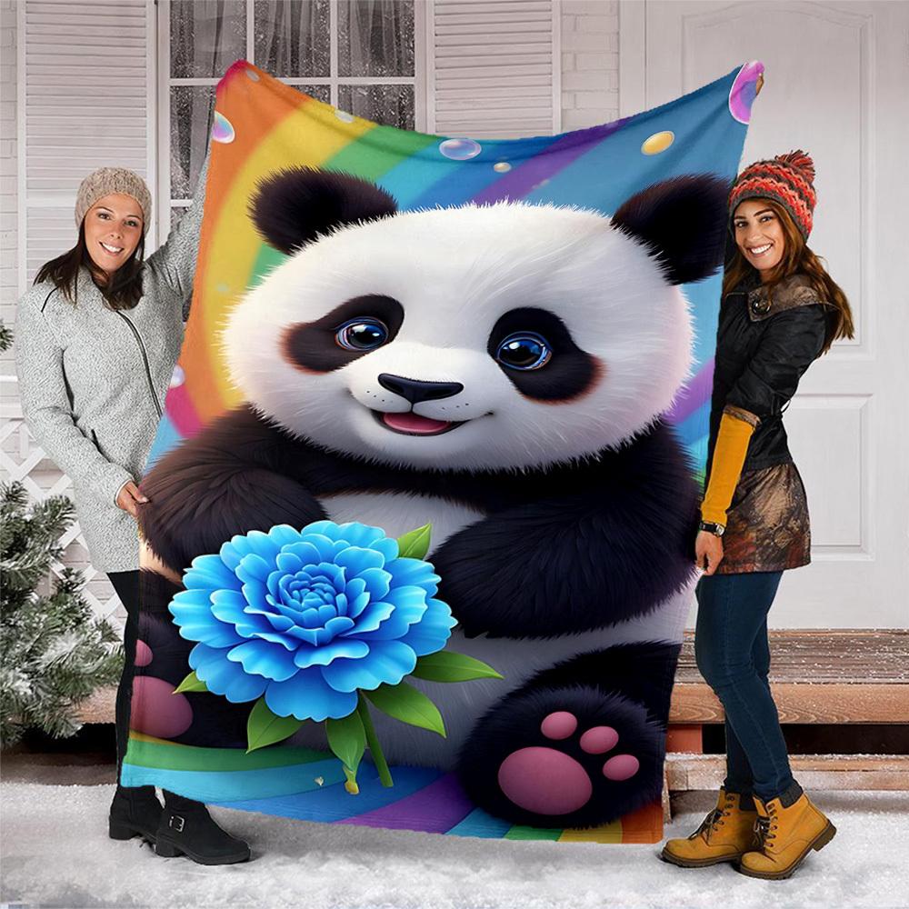 1pc Panda, Flower Throw Blanket Polyester Fiber, Lightweight Flannel, Soft & Warm, All Season Use for Outdoor, Camping Digital Print