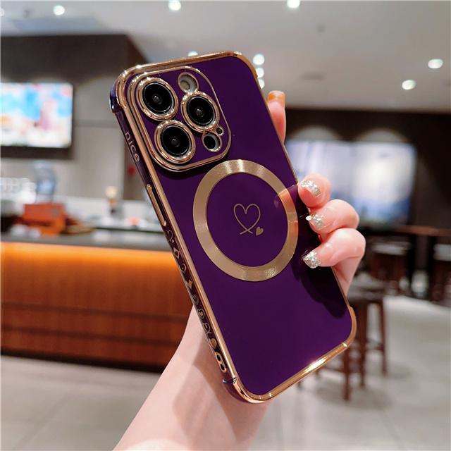 For iPhone Luxury Heart-shaped Magsafe Magnetic Plating Pattern Frame Phone Case For iPhone 11 12 13 14 15 16 Plus Pro Max Cover