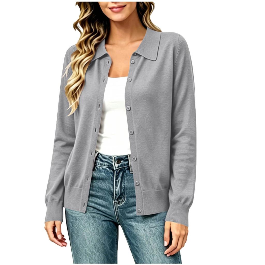 Women Lightweight Button Front Cardigan Sweater Long Sleeve Collared Knit Top Casual Layering Shirt Suitable for Various Outfits