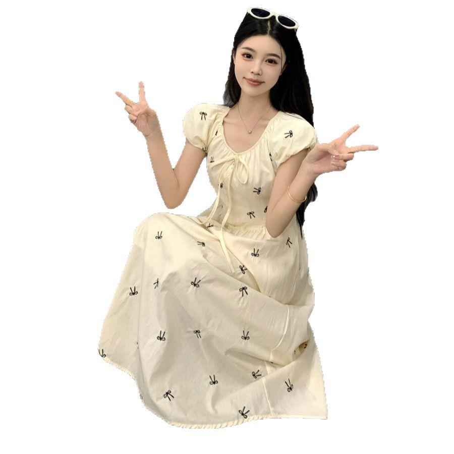 Coffee break French bubble sleeve dress women's summer 2026 new small waist temperament floral dress