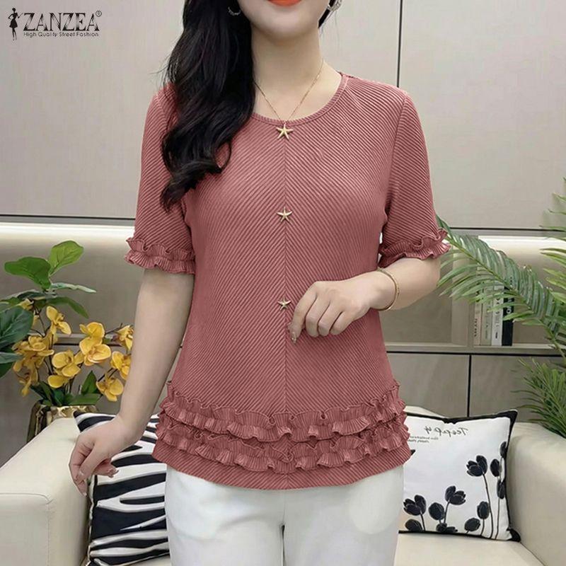 ZANZEA Lässige Damenbluse mit Rundhalsausschnitt und kurzen Ärmeln für den Sommer