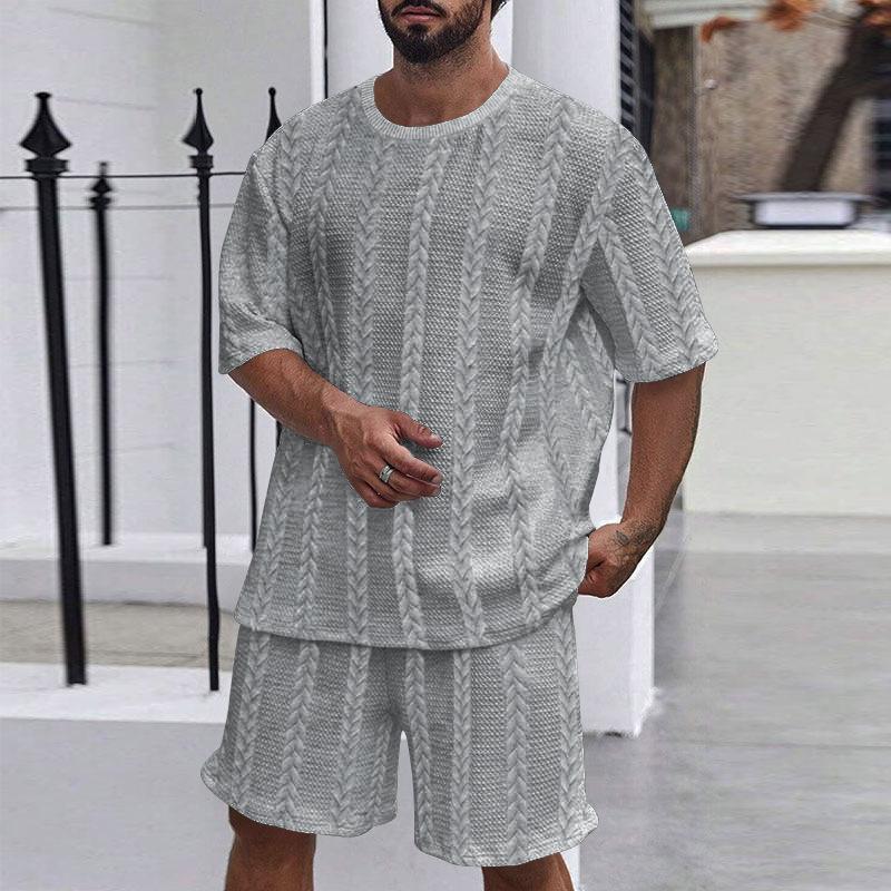 

Летний новый вязаный жаккардовый повседневный пуловер с круглым вырезом, с короткими рукавами, шорты, спортивный мужской костюм 3XL