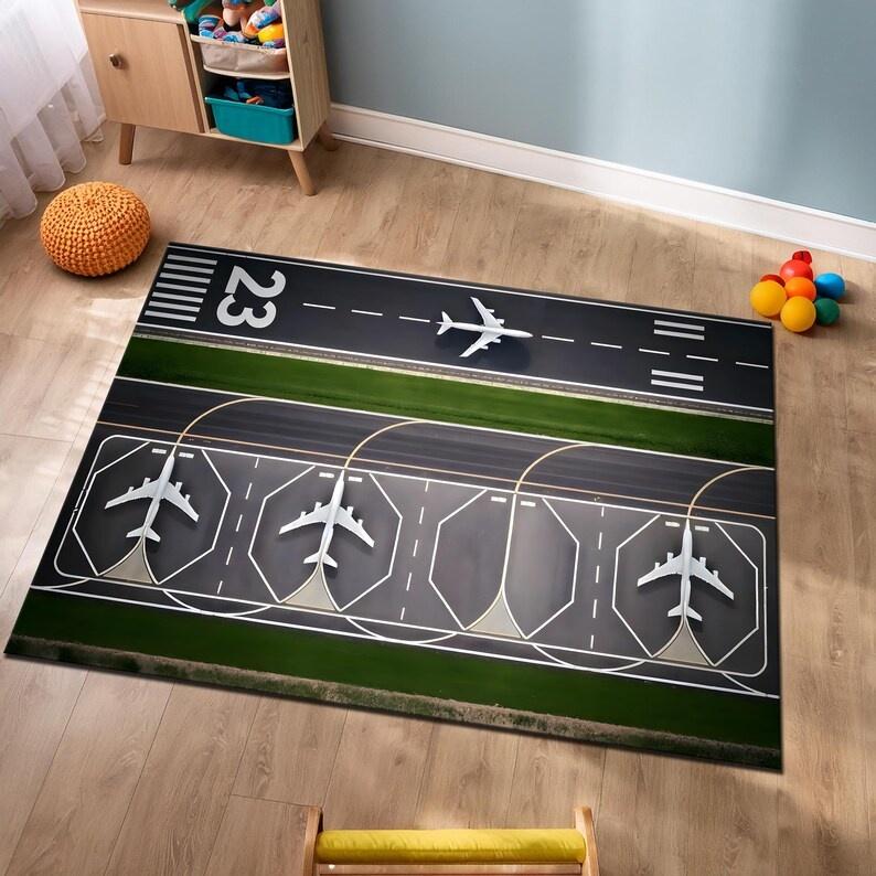 Airport Runway Carpet Airplane Scene Rug Kids Play Mat Home Decoration Non-Slip Soft Floor Mat for Children Playroom Living Room