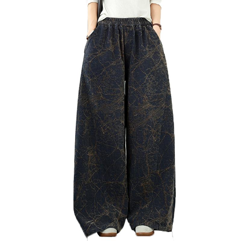 DIMANAF 2026 Herbst Winter Neu Übergröße Damen Jeans Lange Hosen Elastische Taille Geblümt Locker Lässig Denim Baumwolle Dick Vintage Damen Hosen