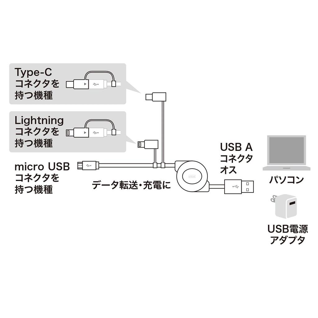 Sanwa Supply and microB Retractable USB Lightning, Type-C, 3-in-1 Cable, 0.8m, KB-IPLTM08KW