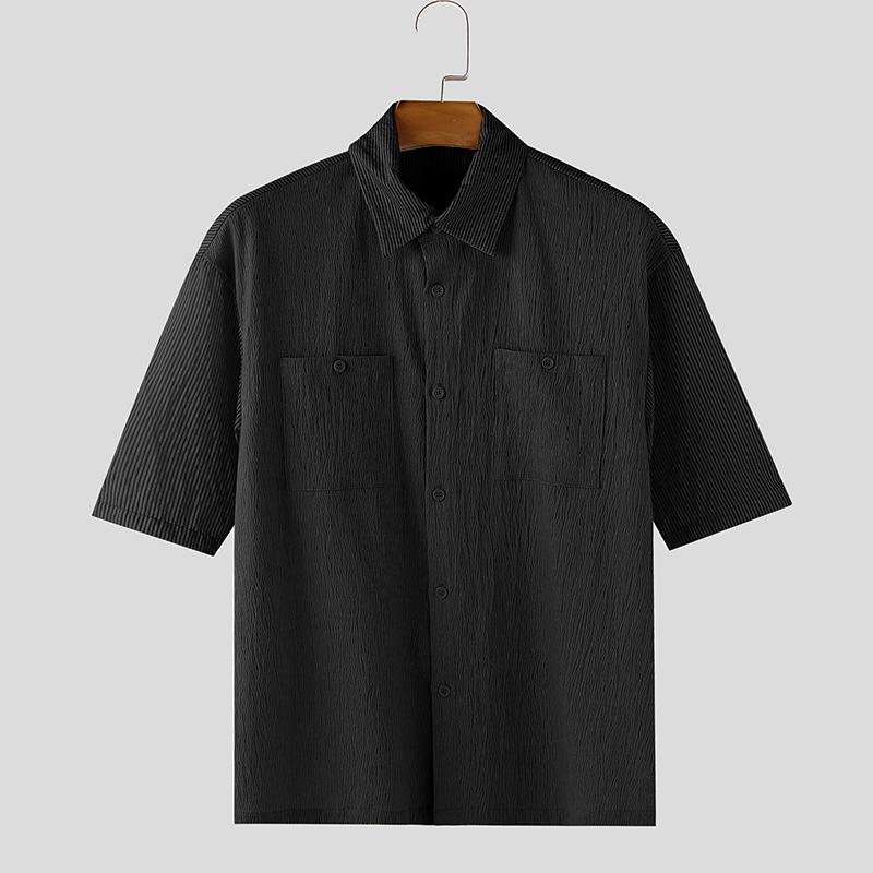 

INCERUN Мужские рубашки оверсайз с полосатым принтом и пэчворком, с короткими рукавами, для лета чёрный