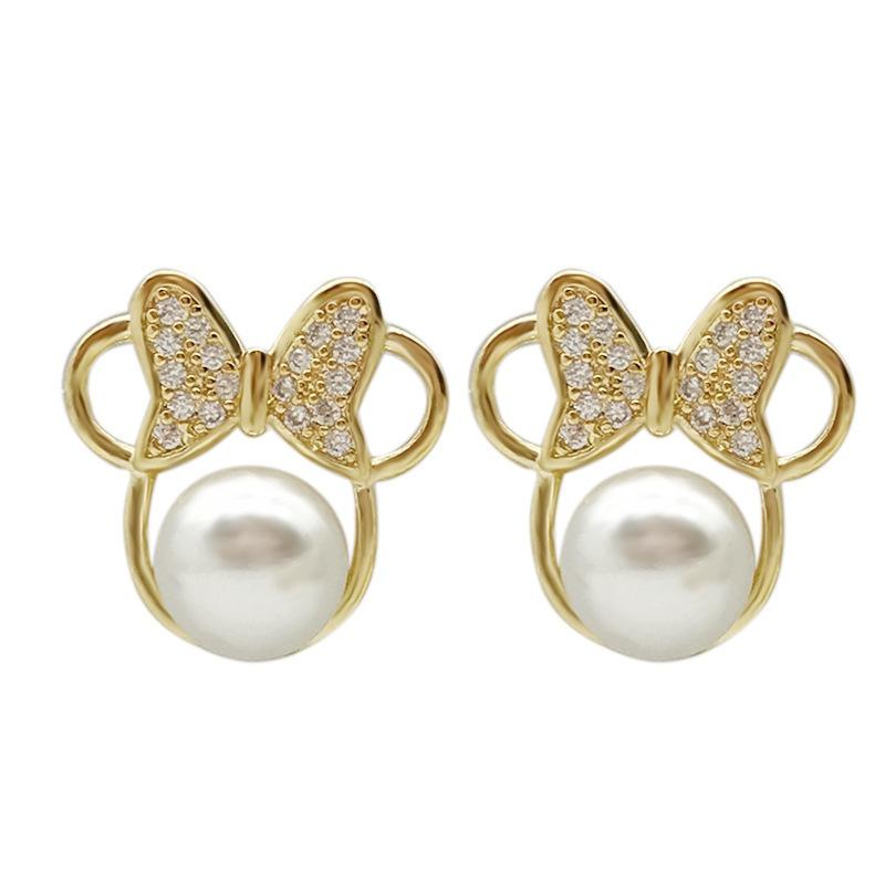 Bow Pearl Cute Stud Earrings With Crystals Mouse Trendy Charm Accessories Cartoon for Women Simple Bow Earring Wedding Gift