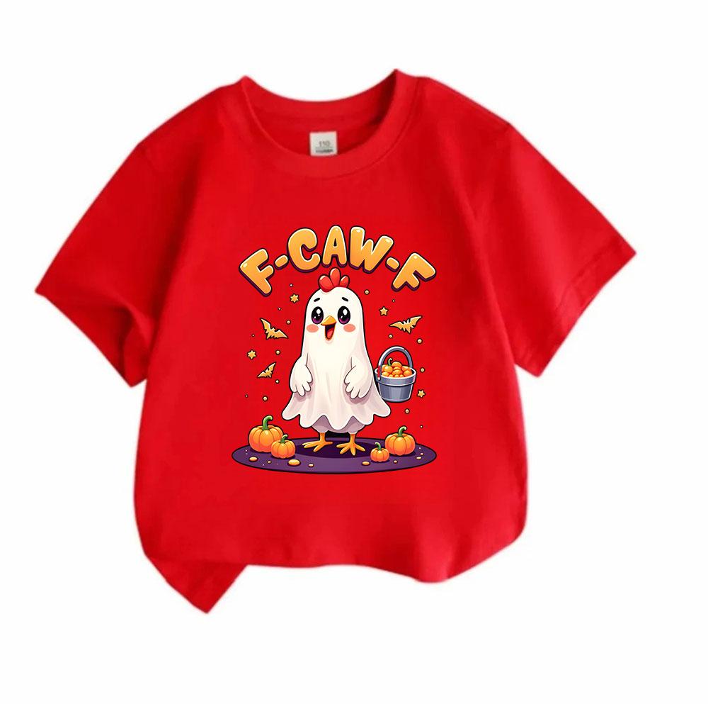 Kids Boys Girls 100% Cotton Short Sleeve Crew Neck T-Shirt, Funny F-Caw-F Ghost Chicken Cartoon Print Halloween Casual Tee with Pumpkin Trick Treat Pa
