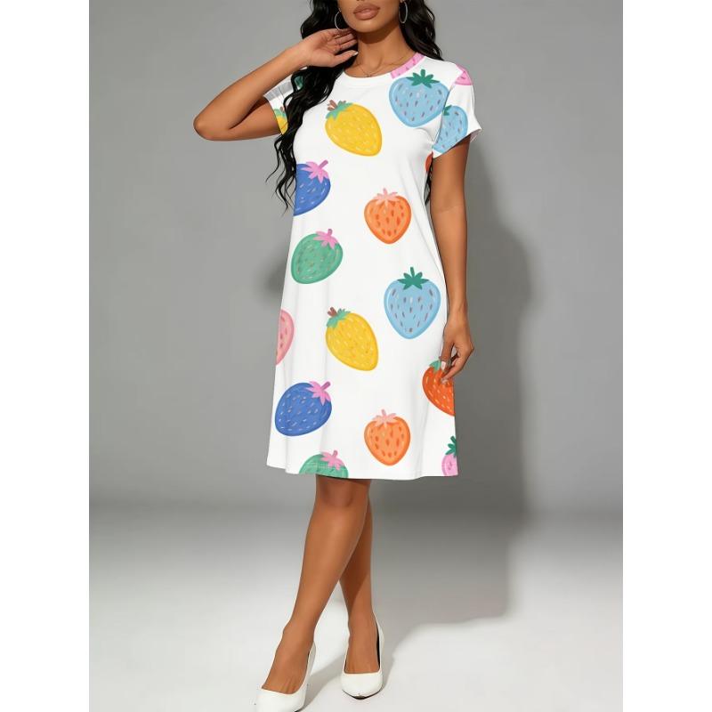 Plus Size, Women's Plus Size Crinkle Loose Fit Crew Neck Straight Cut Printed Dress, Comfortable and