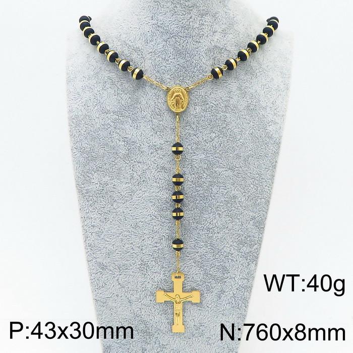18K Gold Cross Prayer Beads Necklace for Women - Stainless Steel, 8mm, Trendy European-American Style