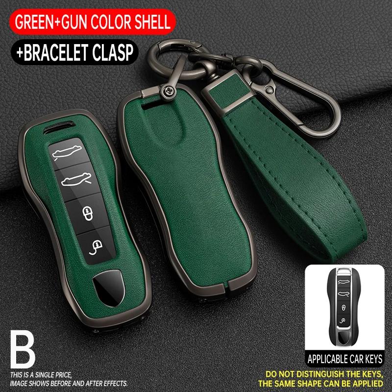 

For Porsche Panamera Cayenne 971 911 9YA Boxster Zinc Alloy Leather Car Remote Smart Key Case Protecticve Cover Holder Keychain зелений