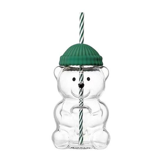

Bear Shape Sippy Cup with Straw Lid 500ml Heat-Resistant Glass Tumbler Reusable Cold Cup for Iced Coffee Milk Tea Juice зелёный