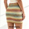 Women Crochet Striped Mini Skirt, Colorful Boho Knit Bodycon Skirt with Drawstring High Waist Summer Beach Short Pencil Skirt