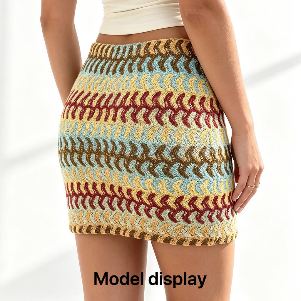 Women Crochet Striped Mini Skirt, Colorful Boho Knit Bodycon Skirt with Drawstring High Waist Summer Beach Short Pencil Skirt