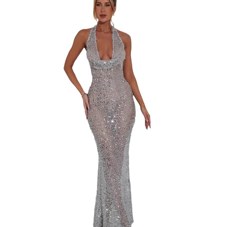 2024 Winter Women's Fashion Sequin Halter Deep V Bodycon Dress - Sexy Slimming Micro Backless Long Dress