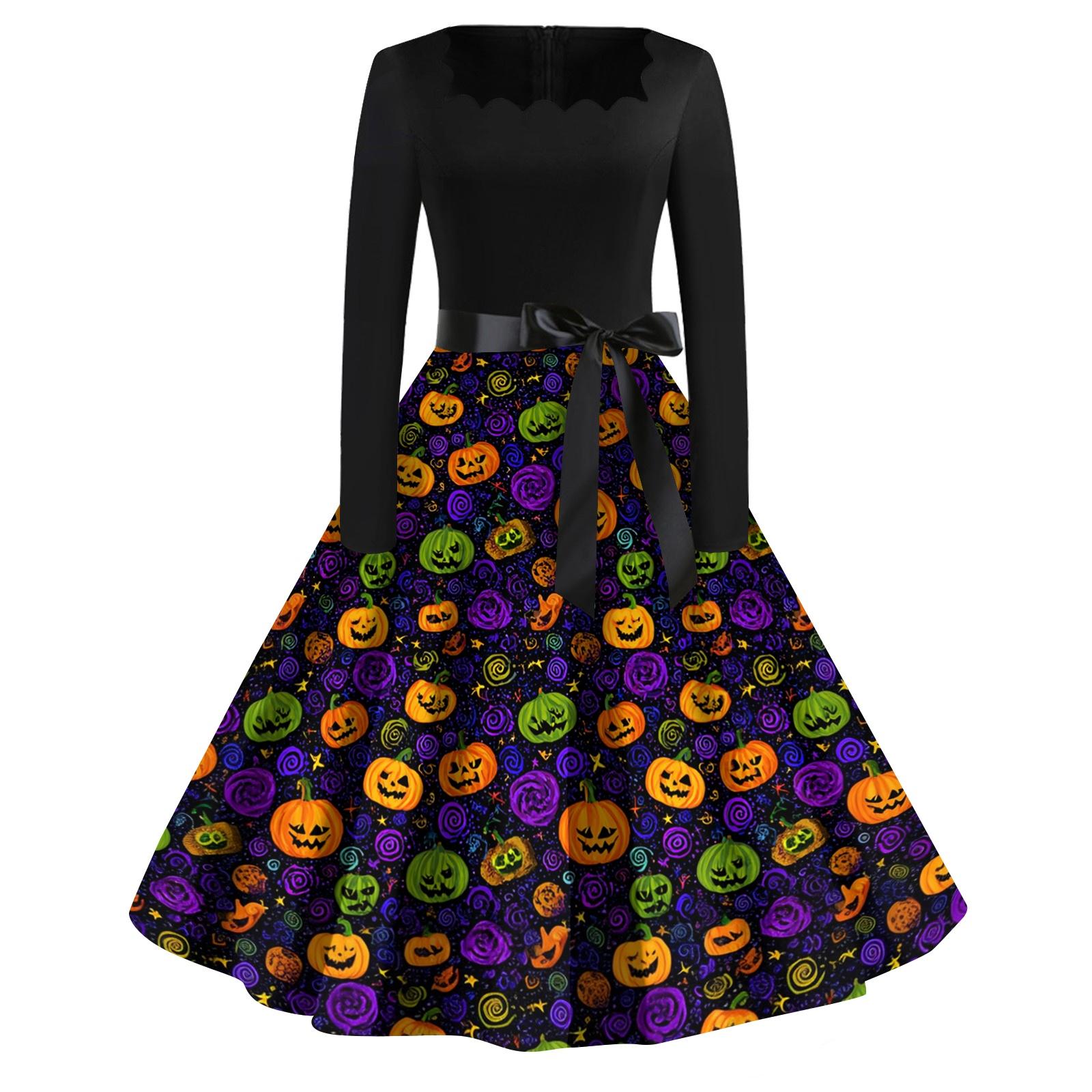 

Womens Casual Vintage Halloween Print Square Neck Long Sleeve Dress with Waist Tie Retro Style Flared Skirt XL фіолетовий
