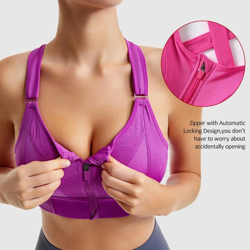 Aiithuug Sexy sportovní podprsenka pro ženy se zapínáním na zip vpředu, s ramínky do kříže, polstrovaná, nárazuvzdorná, push-up, bezešvá, bez kostic, na cvičení a do posilovny